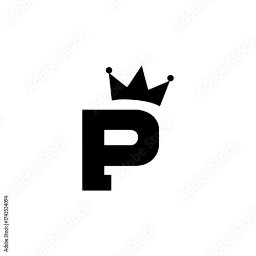 Black stylized "P" with crown on top, on white background. Simple graphic logo