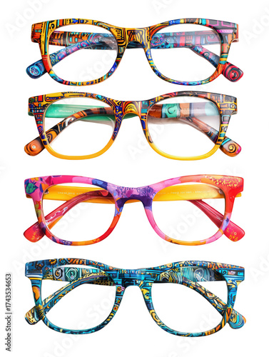 Four pairs of colorful patterned eyeglasses isolated on transparent background