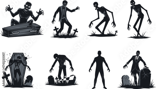 Collection of creepy zombie silhouettes rising from graves and coffins, perfect horror undead vector art for Halloween themed designs.