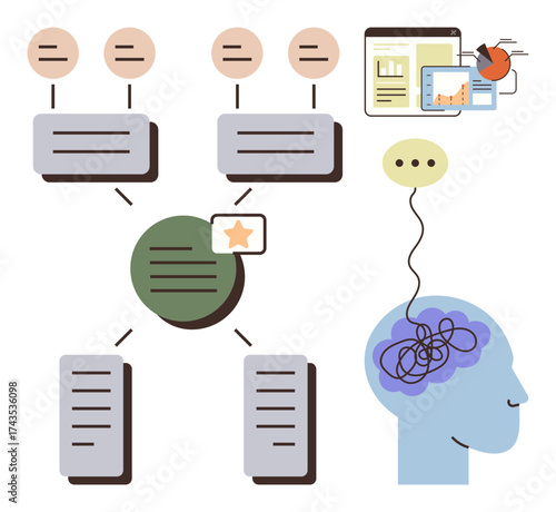 Human head connected to thought process, mind map branching out, and data visualization charts. Ideal for brainstorming, creativity, innovation, organization, learning, memory building