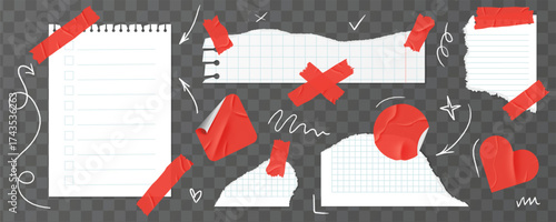 Paper pieces with torn edges and red duct tape set. Realistic torn or ripped paper is glued with decorative tape. Notebook page or scrap note with damaged border. Collage set with pasted texture