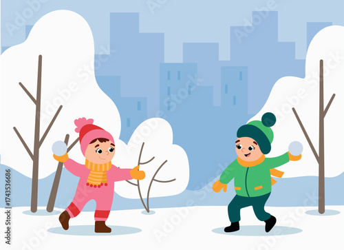 Illustration of Children Playing Snowball Fight in Park