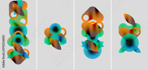 Abstract colorful shapes overlap, creating dynamic compositions. Gradient hues blend, forming soft visual patterns. Minimalist design, modern aesthetic.
