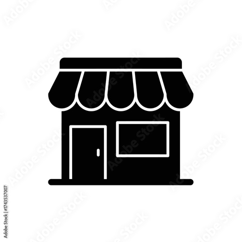 Simple silhouette icon of a storefront building with awning and window symbolizing retail business and commerce isolated on white background