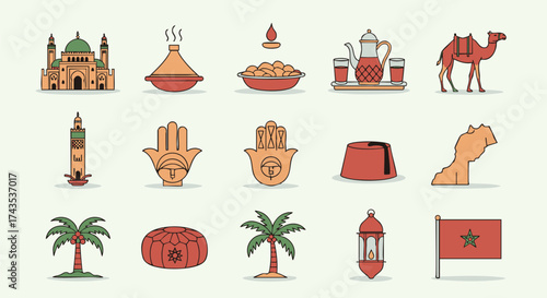 Moroccan Culture Icon Set Featuring Traditional Symbols