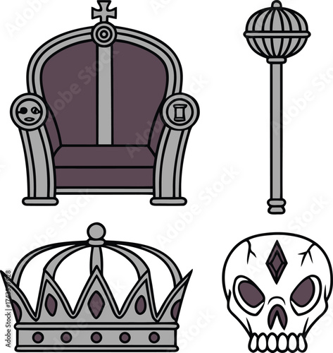 Royal throne scepter crown and skull on white background king