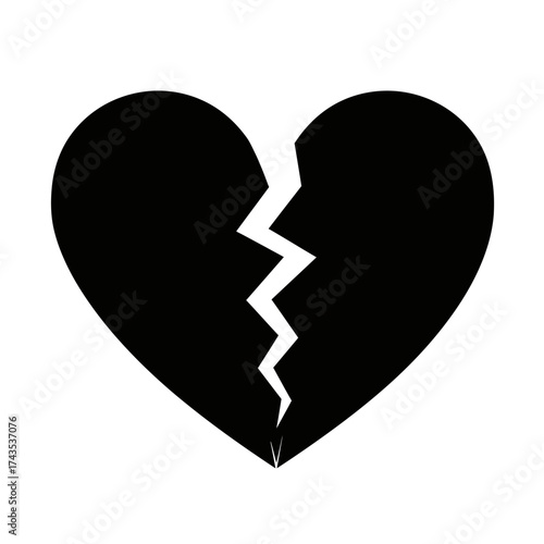 Symbolic representation of a broken heart in black and white signifying emotional pain loss and relationship breakdown isolated on white background