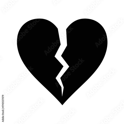 Black silhouette of a broken heart symbolizing sadness heartbreak relationship problems and emotional distress isolated on white background