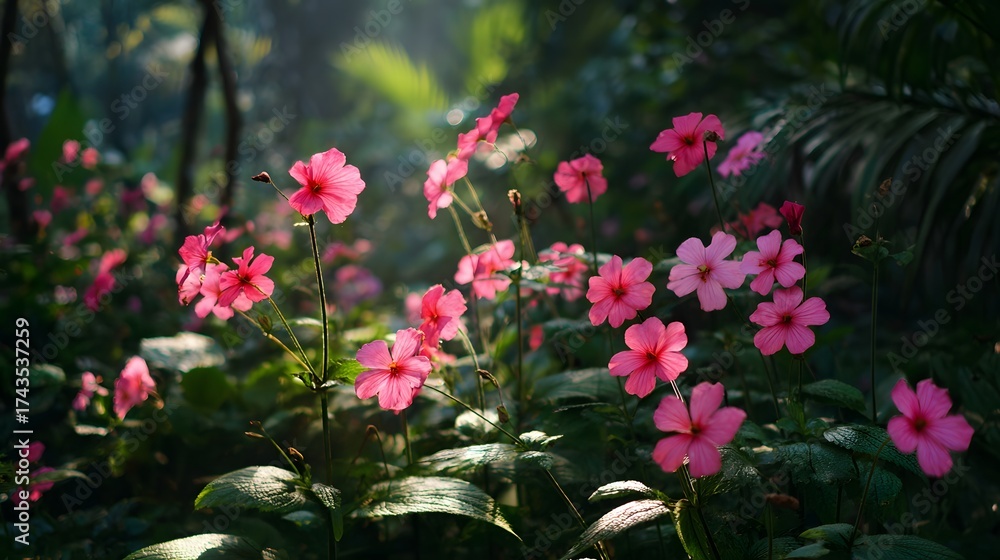 Fototapeta premium Blooming, vibrant pink flowers, delicately backlit by sunlight, are showcased in a lush garden setting, creating a beautiful display with soft focus in the background.
