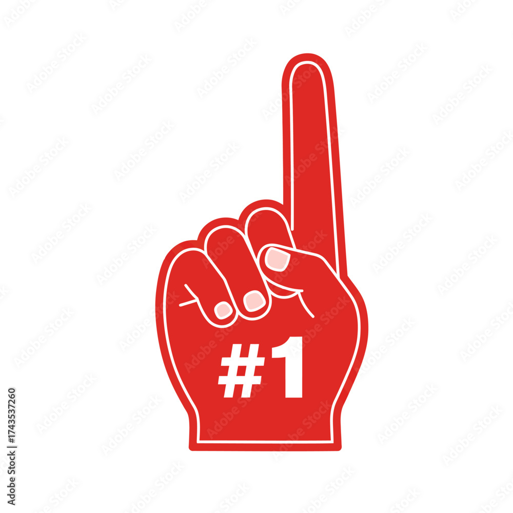 Obraz premium Red foam finger number one symbol celebration gesture of success winning champion best score victory sports fanatic triumph isolated on white background
