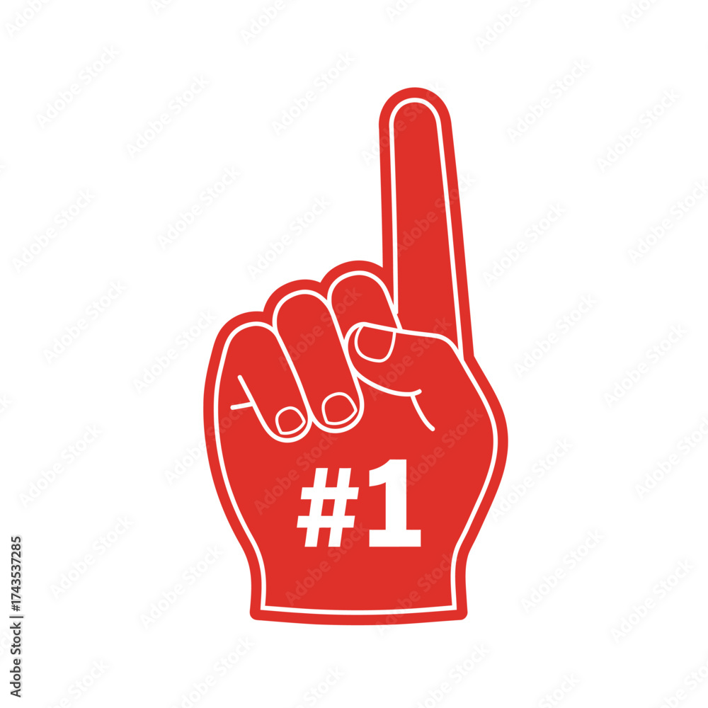 Obraz premium Red foam finger hand showing number one symbol for sports fans and celebrations creating a sense of victory and achievement isolated on white background