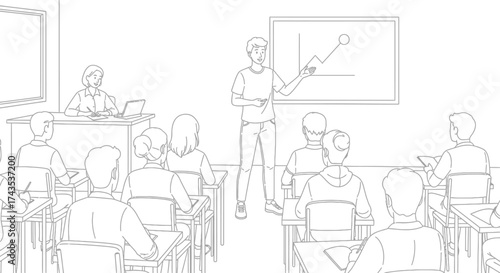 A classroom scene with a teacher lecturing and students listening, drawn in black and white line art