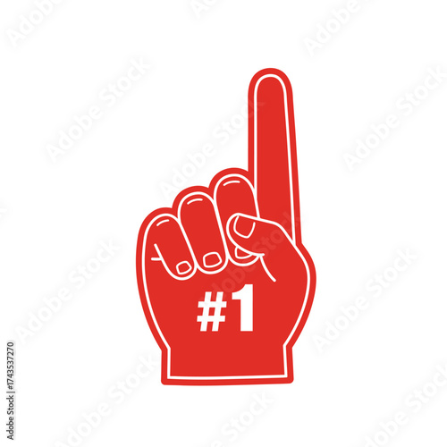 Red foam finger with number one symbol gesture for sports fans and celebrations showing support success and winning spirit isolated on white background