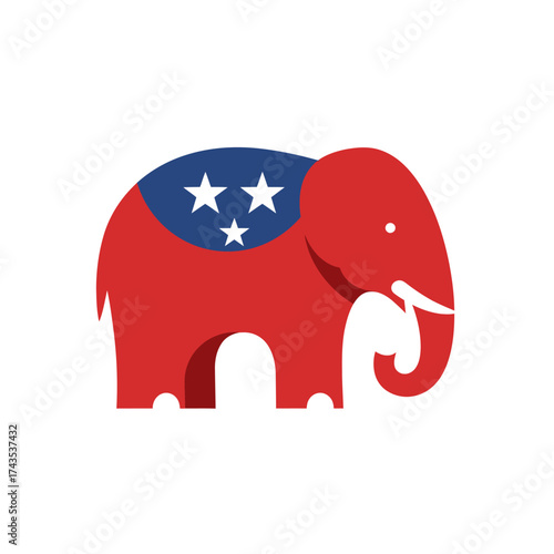 Iconic red elephant symbol of republican party with stars and stripes pattern representing american politics and elections isolated on white background