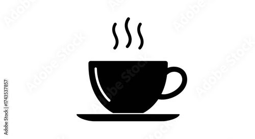 Simple black silhouette icon of a steaming coffee cup and saucer representing hot beverages and morning refreshment isolated on white background