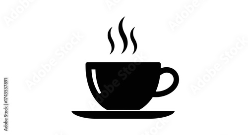 A minimalist black silhouette of a steaming hot cup of coffee or tea on a saucer representing a warm beverage and a break time moment. isolated on white background