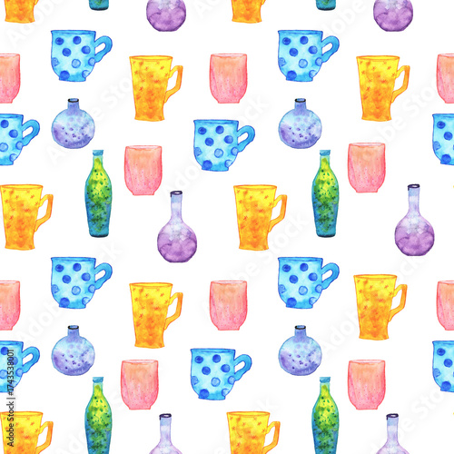 Seamless watercolor raster pattern with hand-drawn colorful mugs and bottles, wooden style utensils, bright print for fabric, wrapping paper.