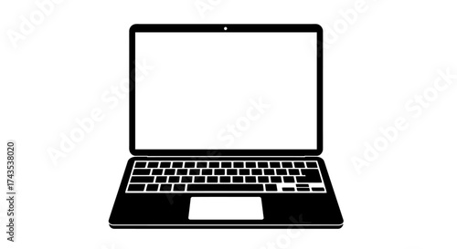 Modern laptop computer open and ready for use displaying a blank screen with keyboard and trackpad visible isolated on white background