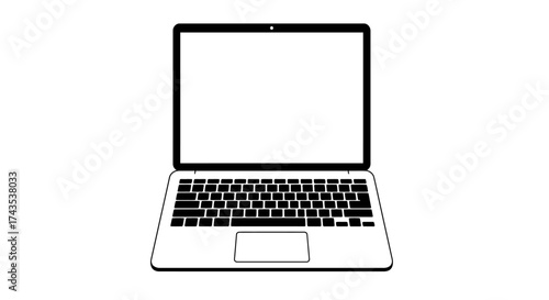 Modern laptop computer open with blank screen and keyboard ready for digital work and online content creation business technology concept isolated on white background