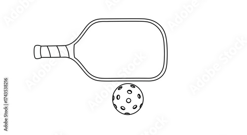 Simple outline of a pickleball paddle and ball for sports recreation and game design elements isolated on white background