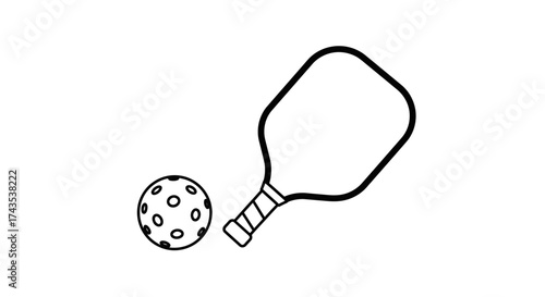 Simple hand drawn outline pickleball paddle and perforated ball ready for play recreational sport equipment graphic isolated on white background