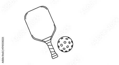 Hand drawn pickleball paddle and ball simple sketch line art sport equipment for active recreation and athletic play isolated on white background