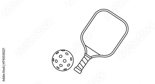 Pickleball paddle and ball sketch dynamic outline graphic for sports and recreation enthusiasts and active lifestyles isolated on white background