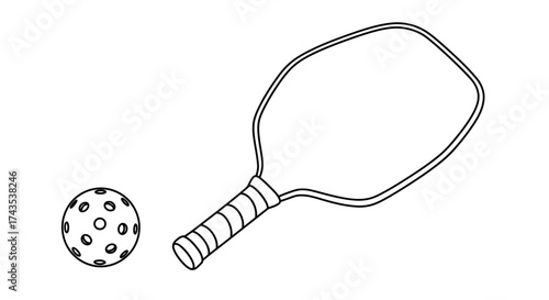 Hand drawn pickleball paddle and ball sketch offering simple athletic sports recreation equipment for active outdoor play and indoor game fun isolated on white background