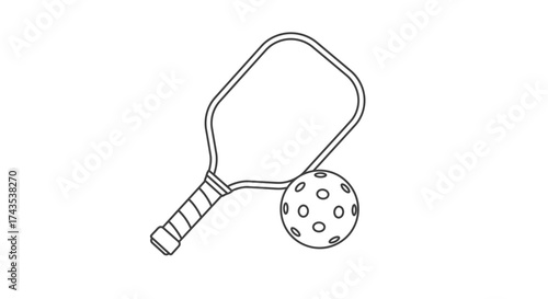 Hand-drawn sketch of a pickleball paddle and perforated ball suggesting recreational sport and active lifestyle illustration isolated on white background