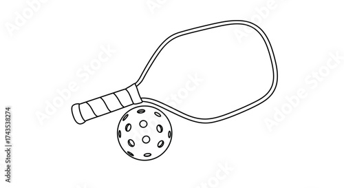 Simple outline drawing of a pickleball paddle and ball ideal for sports graphics and recreational content design elements isolated on white background