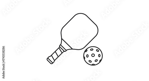 Hand drawn pickleball paddle and ball sketch artistic design sport recreation leisure activity equipment isolated on white background