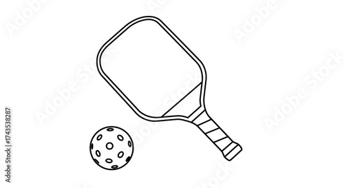 Hand drawn pickleball paddle and ball outline sketch simple sport equipment for recreation and game play abstract graphic element isolated on white background
