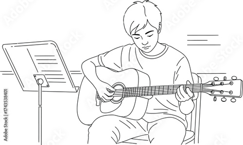 A line drawing of a person playing an acoustic guitar with a music stand in the background image art