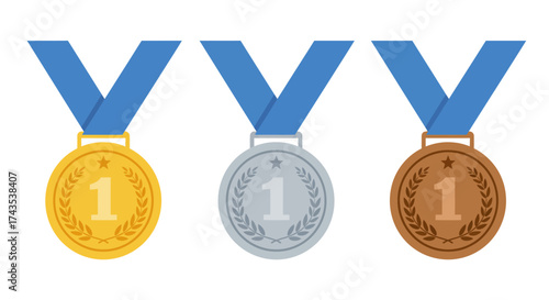 Three olympic-style medals gold silver and bronze with blue ribbons displayed in a row representing achievement and winning first second and third place. isolated on white background