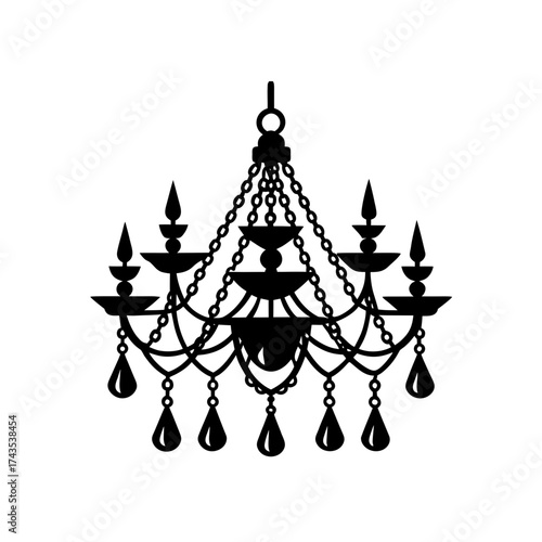 Elegant silhouette of a hanging chandelier on transparent background