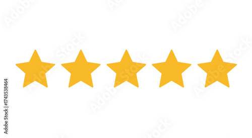 Five golden star rating system graphic element for customer feedback and quality assurance perfect score isolated on white background