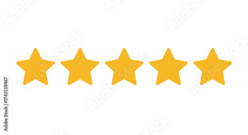 Five golden stars representing excellence and top quality in customer feedback and rating systems isolated on white background