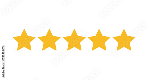 Five golden stars rating system concept showing excellent quality and customer satisfaction perfect score isolated on white background