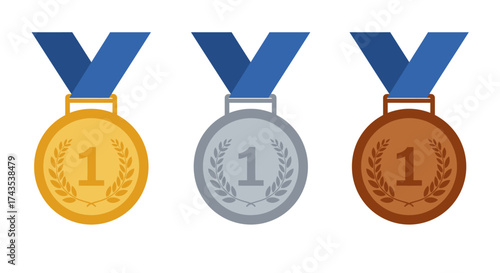 Gold silver and bronze medals for first second and third place in sports competitions and awards isolated on white background
