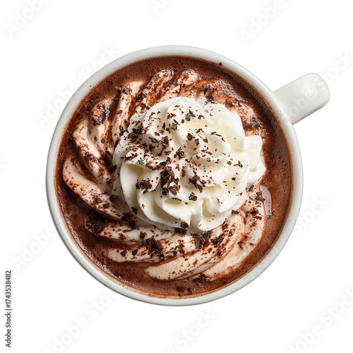 Hot chocolate with whipped cream on a black on transparent background