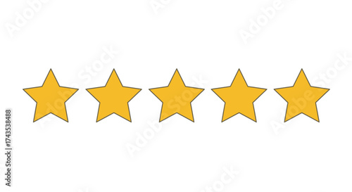 Five golden stars rating system displayed horizontally perfect five star review symbol representation of excellent customer satisfaction and quality isolated on white background