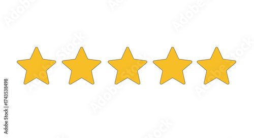 Five golden stars representing excellent rating or achievement in review and feedback contexts isolated on white background