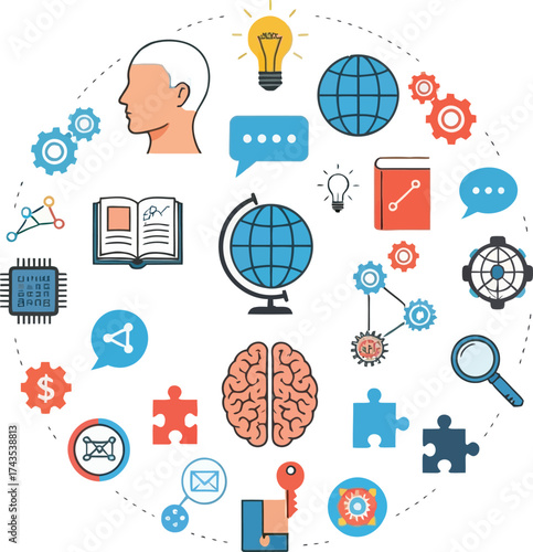 Conceptual illustration of knowledge and learning with diverse icons representing ideas and education