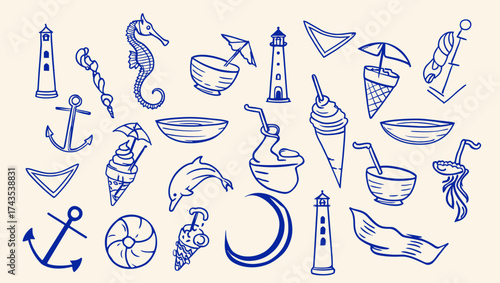 Hand drawn summer themed icons featuring lighthouse, seahorse, ice cream, and beach elements design art