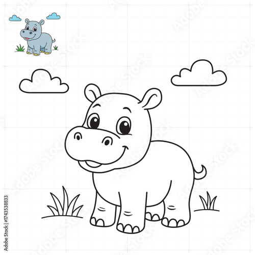 Baby Hippo Coloring Page for Kids – Printable Animal Illustration