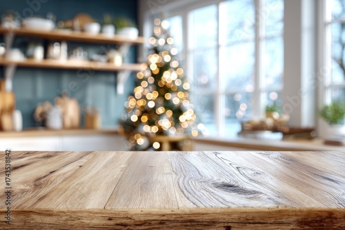 A wooden surface in focus, a blurred kitchen backdrop with Christmas tree & window view