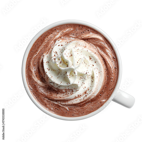 Hot chocolate with whipped cream on a black on transparent background