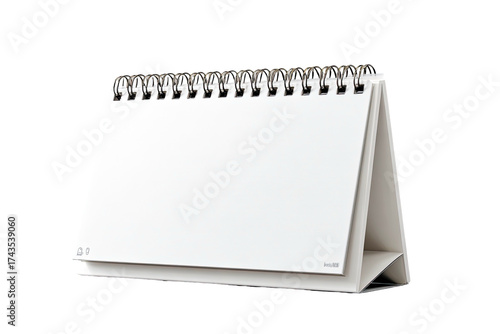 Angled tabletop desk calendar with wire binding, blank white pages, and a minimalistic design
