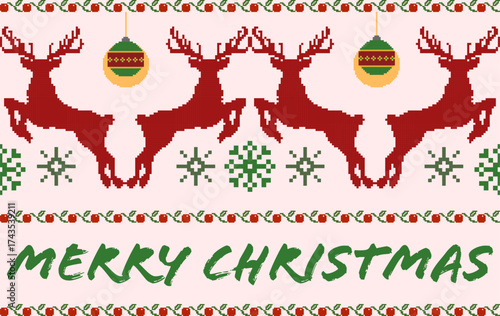 Ugly Christmas Sweater seamless pattern with pixel art reindeer, snowflakes, and ornaments. Festive and funny holiday border for textile, wrapping paper, or background