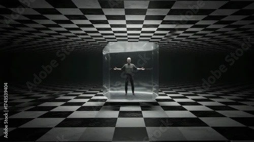 Man trapped inside glass cube on checkered floor room
